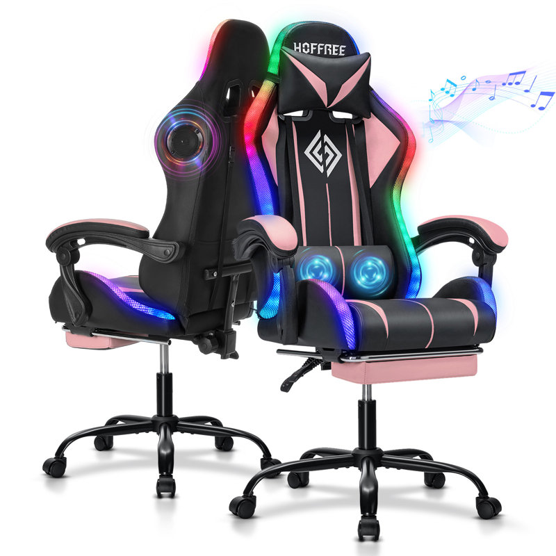 Fauteuil de jeu inclinable et ergonomique en cuir avec haut-parleurs intégrés et lumières DEL Hoffree, Bleu et noir