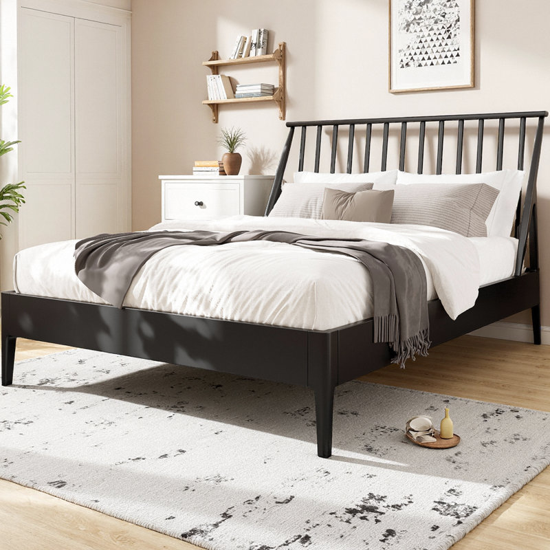 Indigo Spindle Platform Bed with Bamboo and Metal Support, Black, King