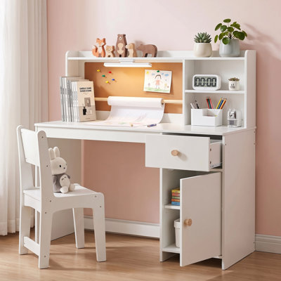 Ensemble de bureau et chaise pour enfants avec huche de rangement, lumière DEL, rouleau de papier à dessin, babillard, tiroir et armoire