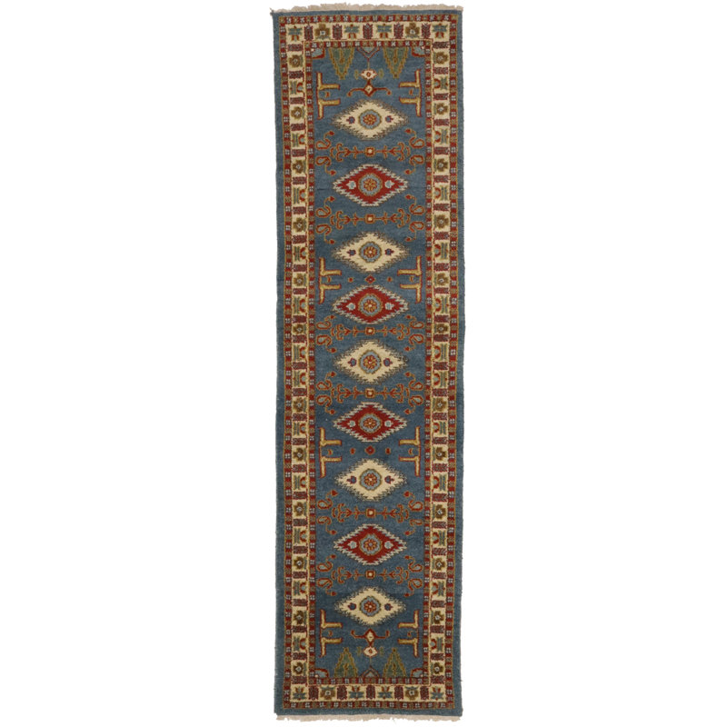 Tapis de couloir oriental bleu 3 x 10 Kazak, Tapis de couloir 2 pi 7 po x 9 pi 11 po