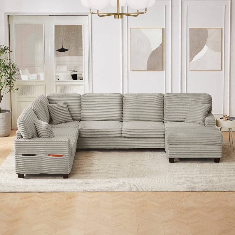 Canapé modulaire en forme de U 125,2 po avec repose-pieds mobile et poches de rangement latérales, canapé rembourré en forme de L pour le salon - taupe clair
