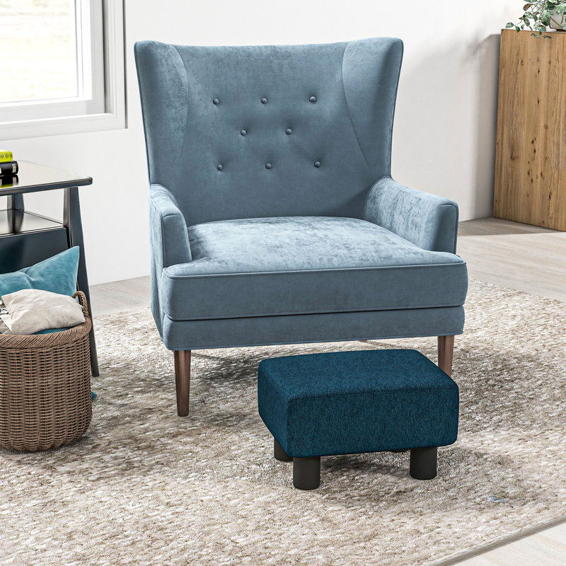 Repose-pieds avec tissu en lin bleu et pieds en plastique massif, tabouret de pied confortable pour le décor du salon, pieds rembourrés pour