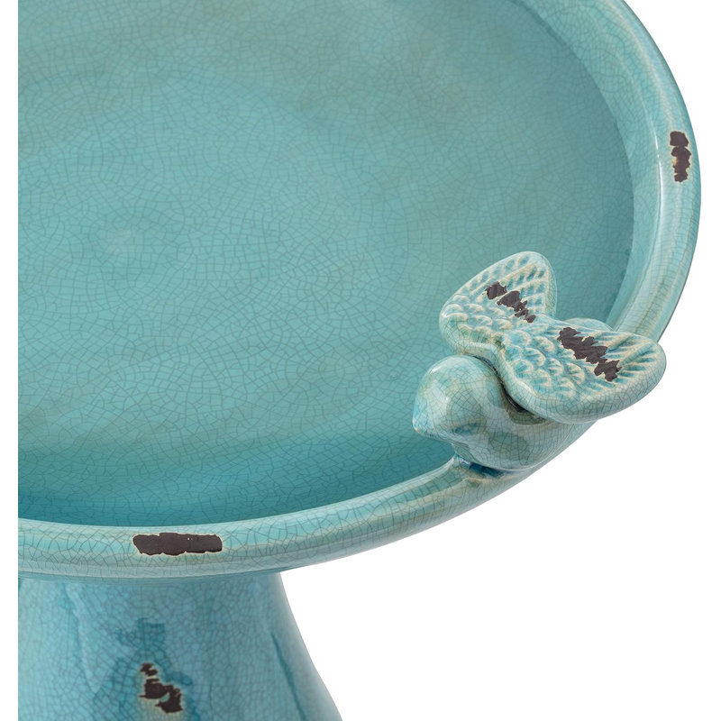 Bain d'oiseaux antique en céramique 25 po avec 2 oiseaux, turquoise