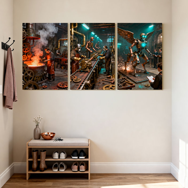 Fantasy & Sci-Fi Steampunk Factory Workshop Scene With Gears And Robots Set of 3 Canvas Wall Art Prints, 18" H x 36" W