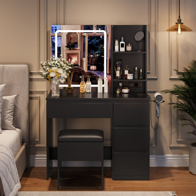 Modern Makeup Vanity Desk with Mirror and Lights, Dressing Table with Storage Stool, 4 Drawers and Hair Dryer Holder, Vanities for Bedroom