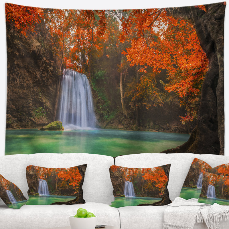Tapisserie murale cascade, décor de paysage naturel d'Erawan - cascade d'Erawan, H 32 po x l 39 po