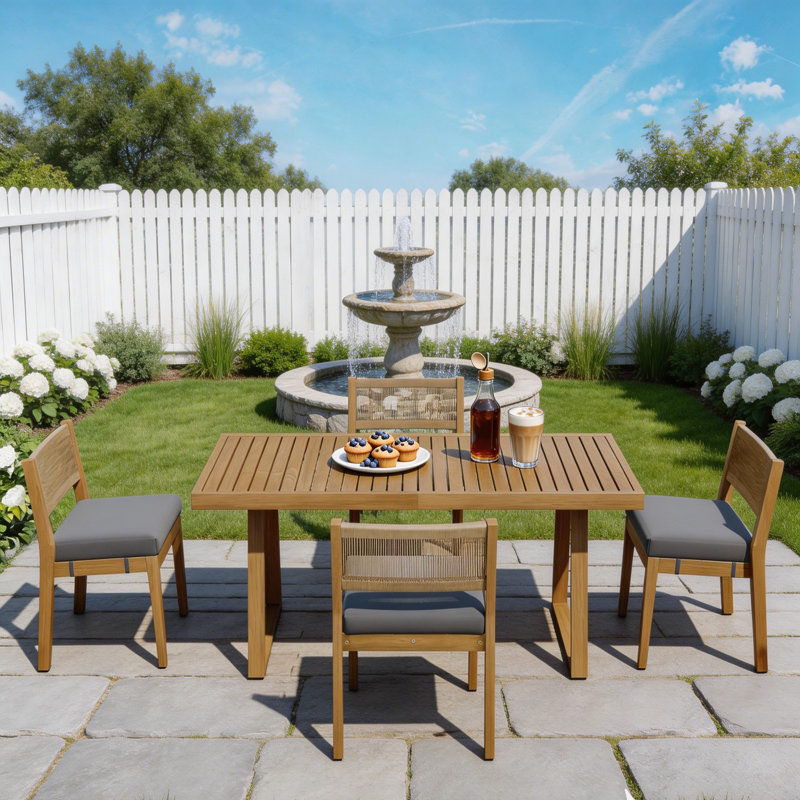 63” Acacia Wood Outdoor Dining Set For 4 With Cushioned Chairs, Modern Patio Table And Rattan Back Seating, Gray