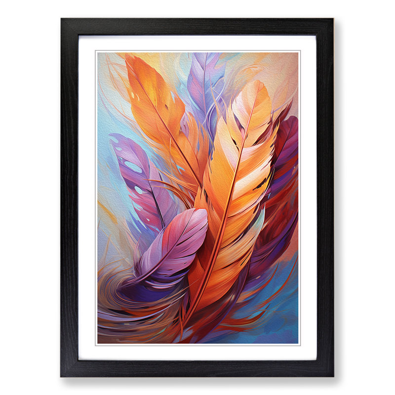 Feather Gestural - Single Picture Frame Print on Wood, 64cm H x 46cm W x 2cm D, Black