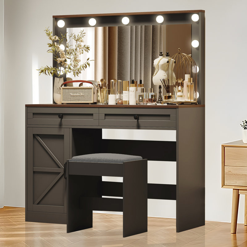 Coiffeuse à maquillage réglable 43,4 "avec grand miroir et 3 tiroirs - Élégante coiffeuse, Noir, noir, noir, noir