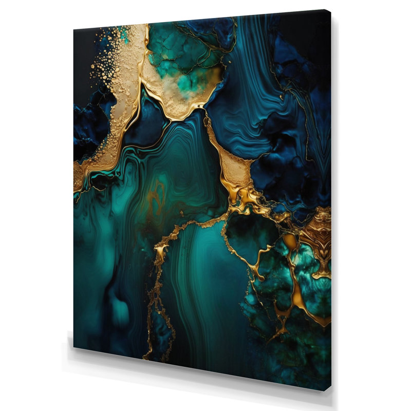 Abstract Geode Marble Green and Gold - Impression sur toile encadrée abstraite, L 12 po x H 20 po, Toile tendue