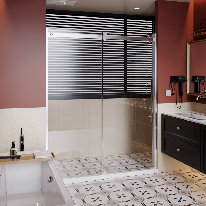 Frameless Shower Door Single Sliding, 1/4 Inch Thick Clear Tempered Glass Shower Door With Zinc Roller Rail System, Stainless Steel Handle