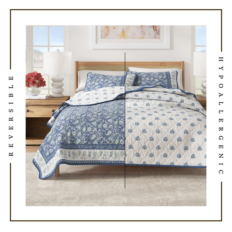 Floral Bordered Cotton Quilt Set, Full Quilt + 2 Standard Shams, Blue Floral