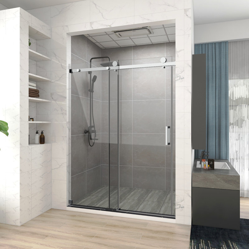 60 In. W X 76 In. H Single Sliding Frameless Shower Door/Enclosure In Chrome Finish With Clear Glass, Chrome