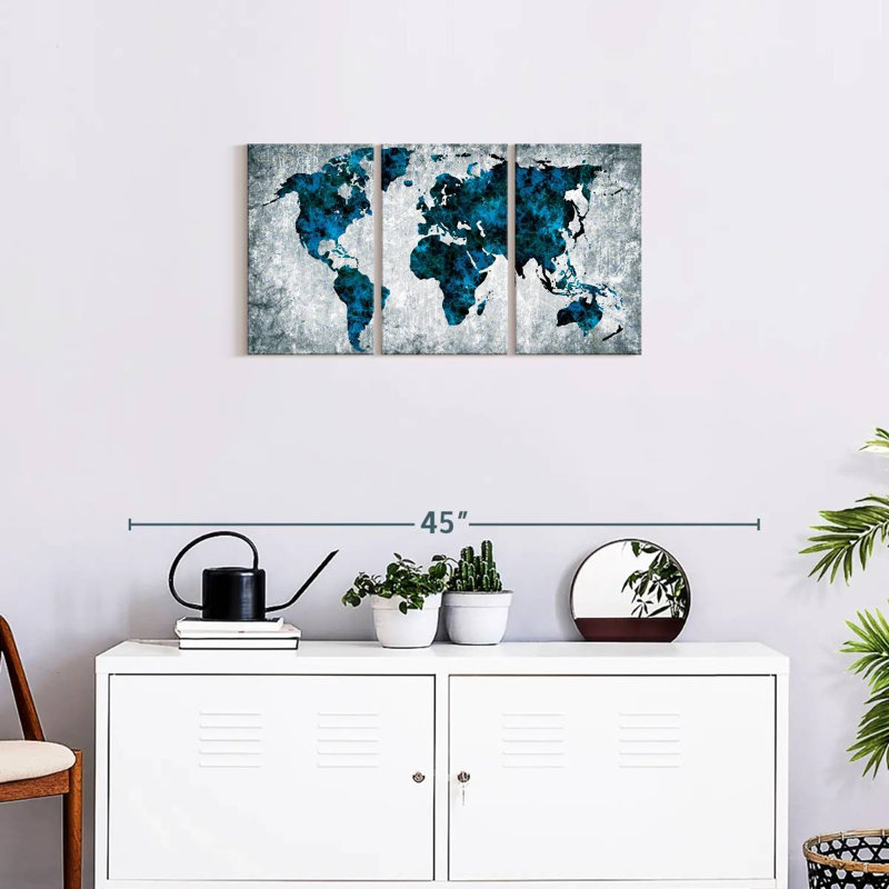 Impression sur toile multicolore carte du monde, H 15 po x l 32 po x P 1,25 po