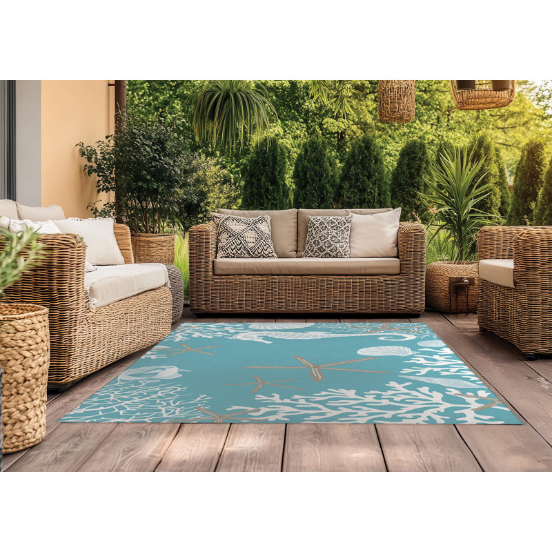 Coral & Seahorse Outdoor Rug, Rectangle 8' x 10'