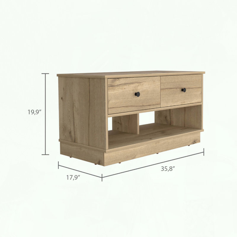 Banc de rangement avec deux tiroirs et tablettes ouvertes, Naturel