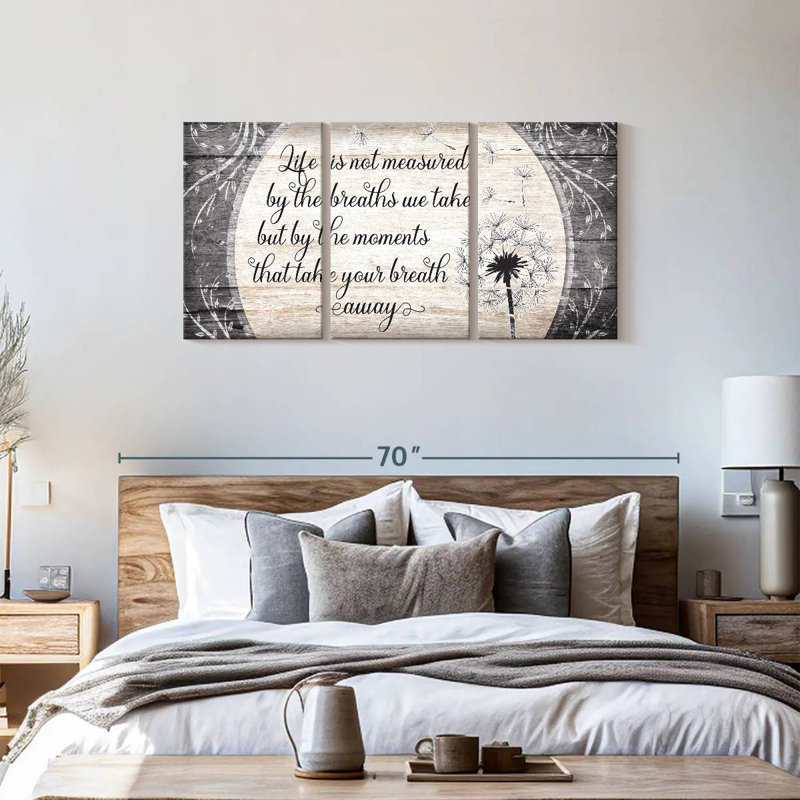 Mesure de la vie, citation de plusieurs impressions sur toile, H 56 po x l 27 po x P 1,25 po