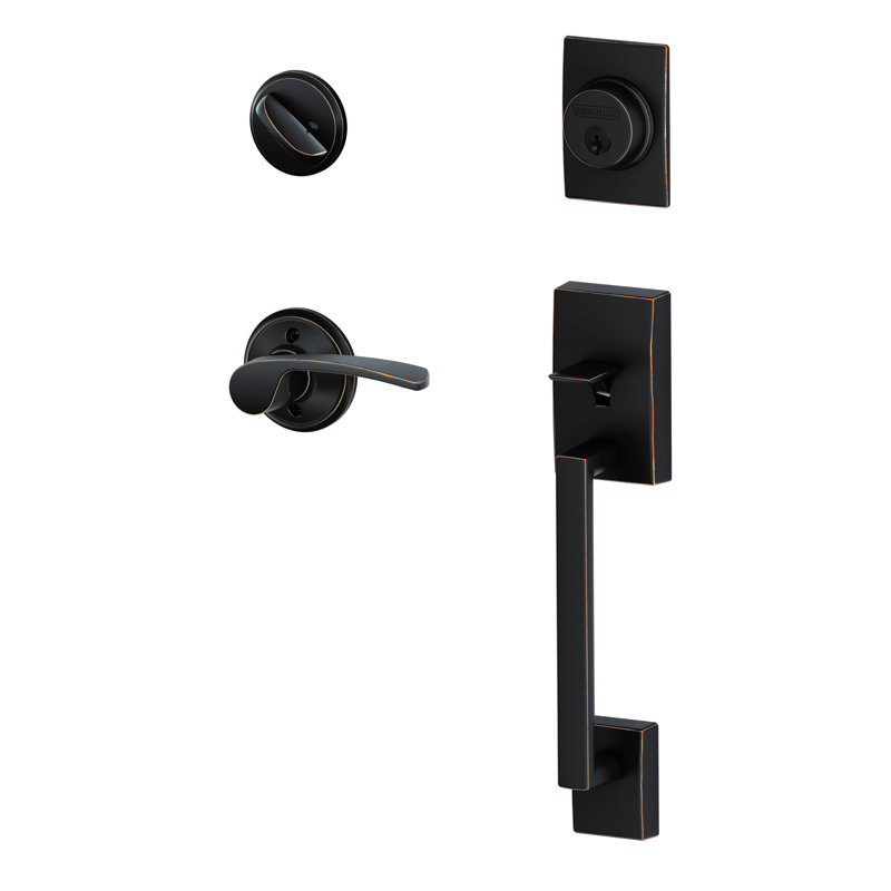 Century Handleset with Deadbolt and Merano Door Lever and Rosette, Left Hand, Aged Bronze