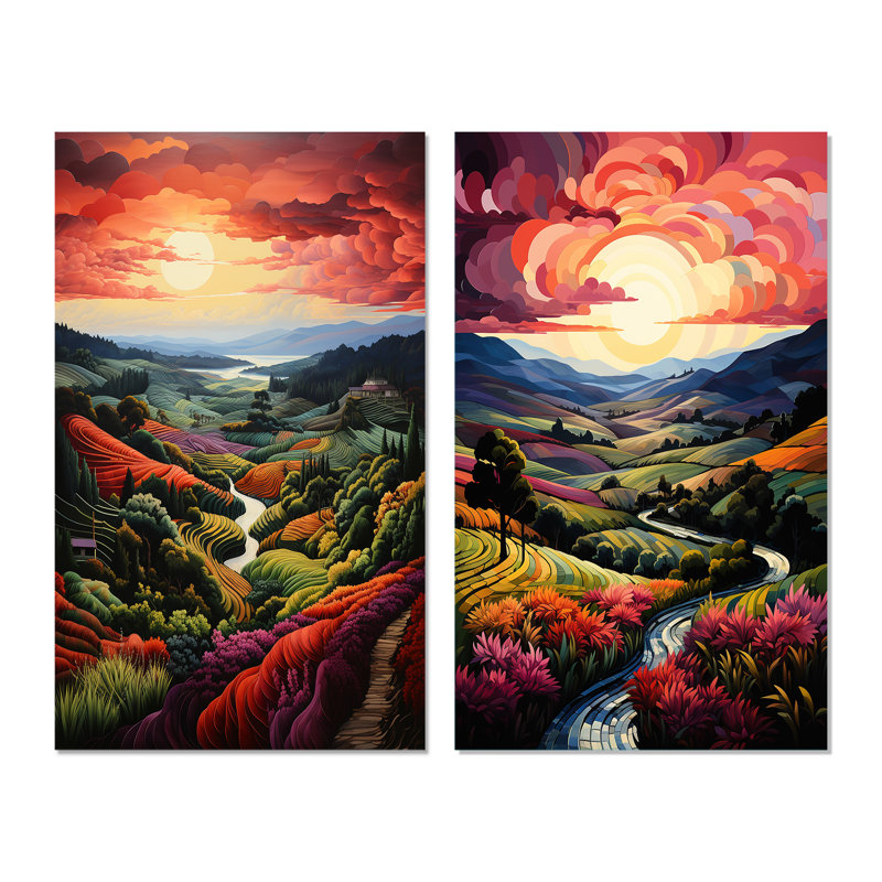 Ensemble de 2 décorations murales vert campagne et mauve, Toile tendue, H 32 po x l 32 po