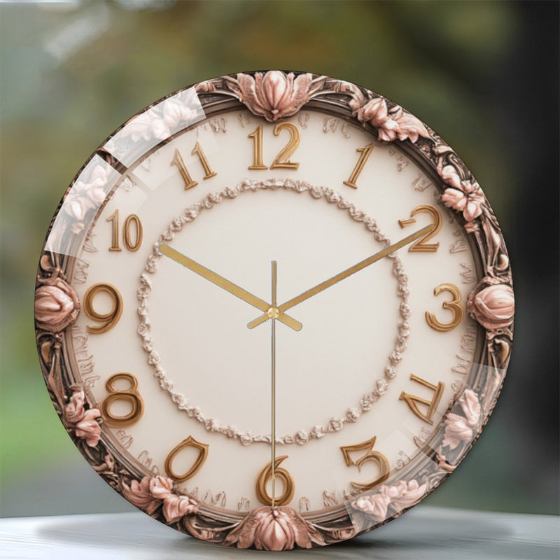Ornate Clock Face with Rose Details Art - 12'' Modern Glass Wall Clock