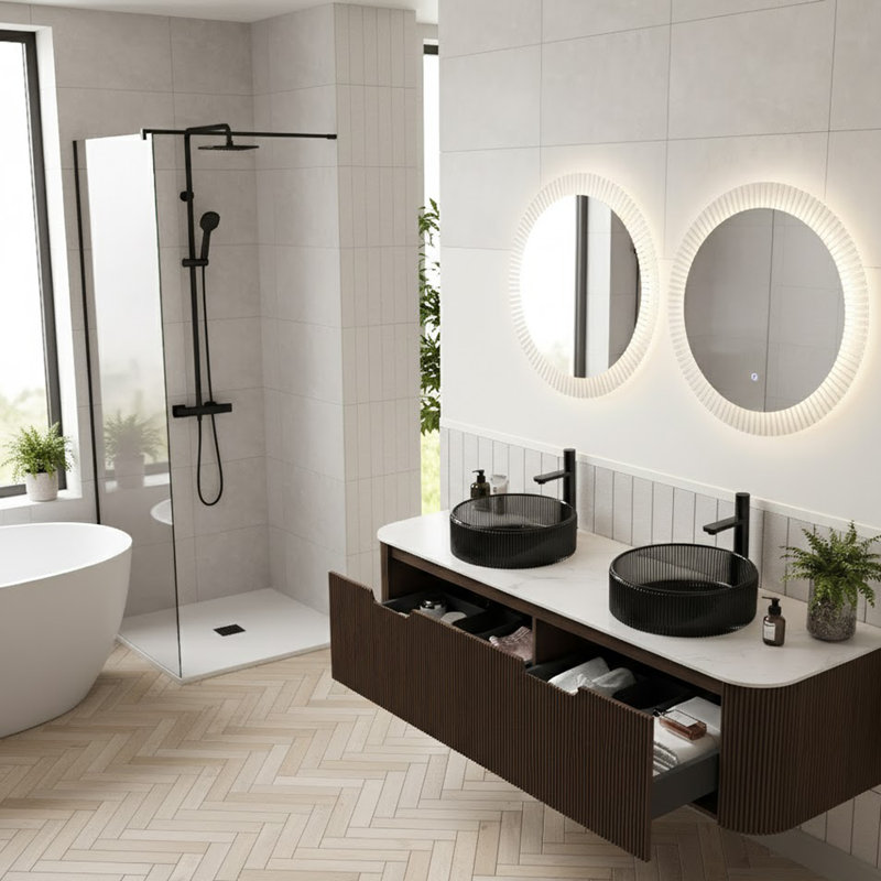 Meuble-lavabo mural avec lavabo, armoire de rangement rayée à bords courbés avec tiroirs, Noyer / blanc de Carrare, 60"