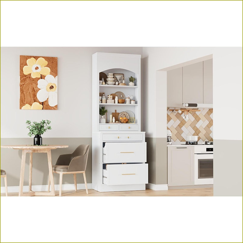Garde-manger moderne avec plateau en faux marbre blanc 83,7 po Modern, 83,7 po | Panneau de fibres à densité moyenne P2 | Tablettes réglables