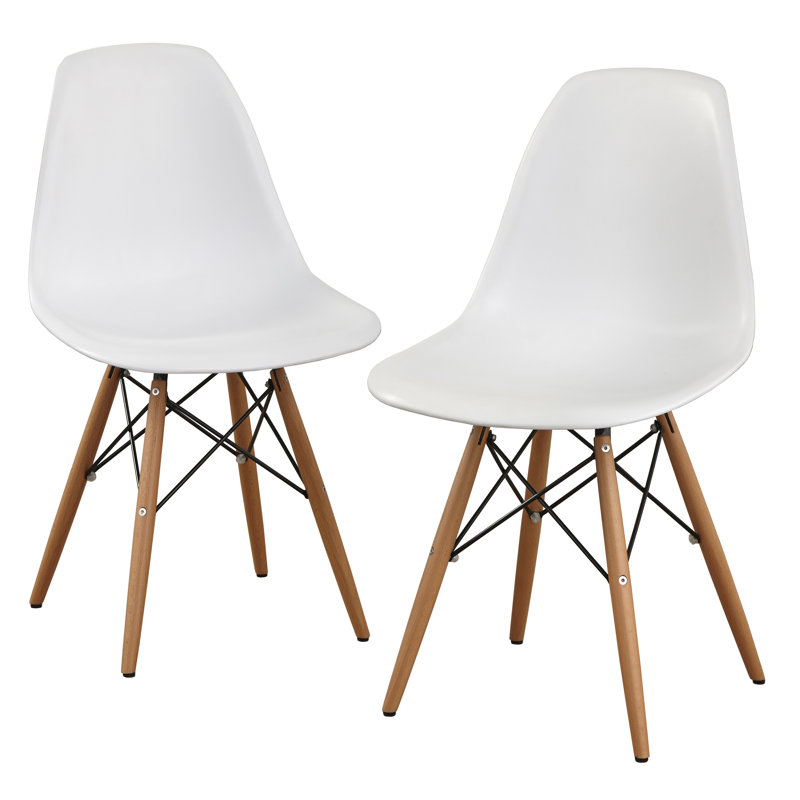 Dubuque Dining Side Chair with Metal Eiffel Base Design and Beech Wood Legs, White/Natural, 2