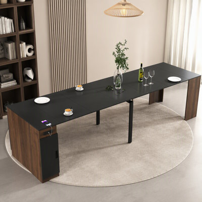Modern Multifunctional Extendable Dining Table with Outlet, Space Saving Expanding Table with Storage for Party, Weddings, Meetings, Celebrations
