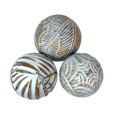 Ensemble de 3 boules décoratives tropicales en résine blanchie délavée de 4,5 po de hauteur