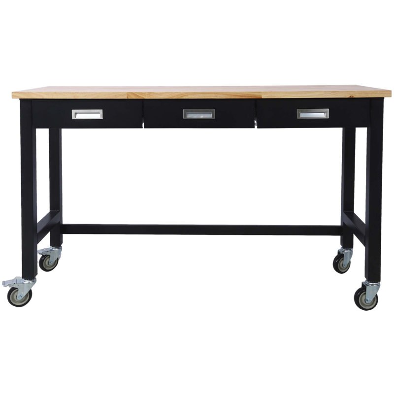 Banc de travail de 60 po, établi avec rangement de tiroir et table de travail en bois de bambou robuste avec roulettes pour le bureau à domicile