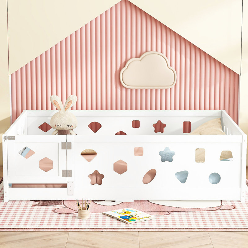 Lit de plancher en bois massif blanc avec barrière et porte pour garde-corps pour adolescents