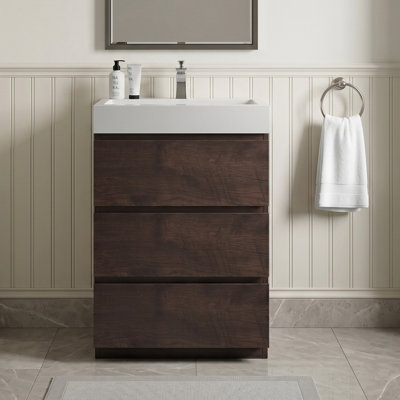 Grand meuble-lavabo de salle de bain autoportant 24 po en noyer avec lavabo Draw Tiroirs à fermeture en douceur silencieuse Bas Lavabo une pièce blanc sans bonde et robinet ｜ Pré-assemblé