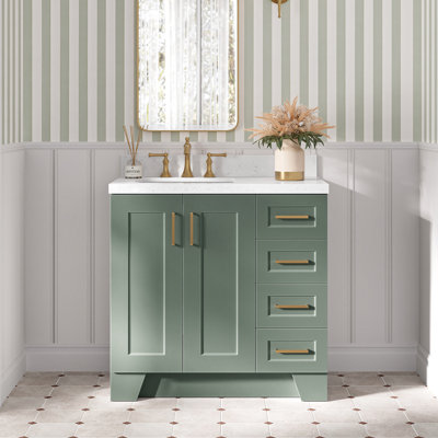 Meuble-lavabo simple en bois massif gris de 36 po avec plateau en quartz blanc Carrara de 1,5 po Freitas