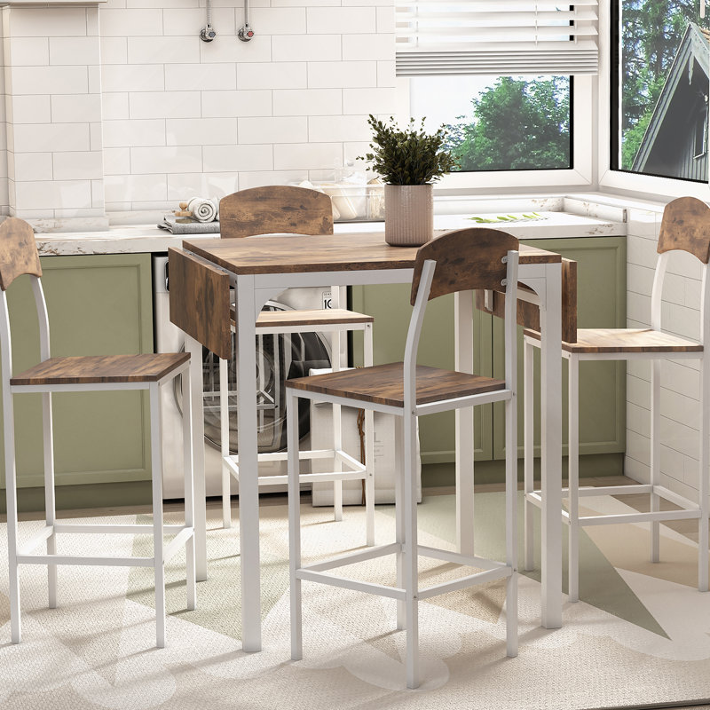 Farmhouse 5-Piece Counter Height Drop Leaf Dining Table Set with Comfortable Chairs for 4, Space-Saving and Stylish, White