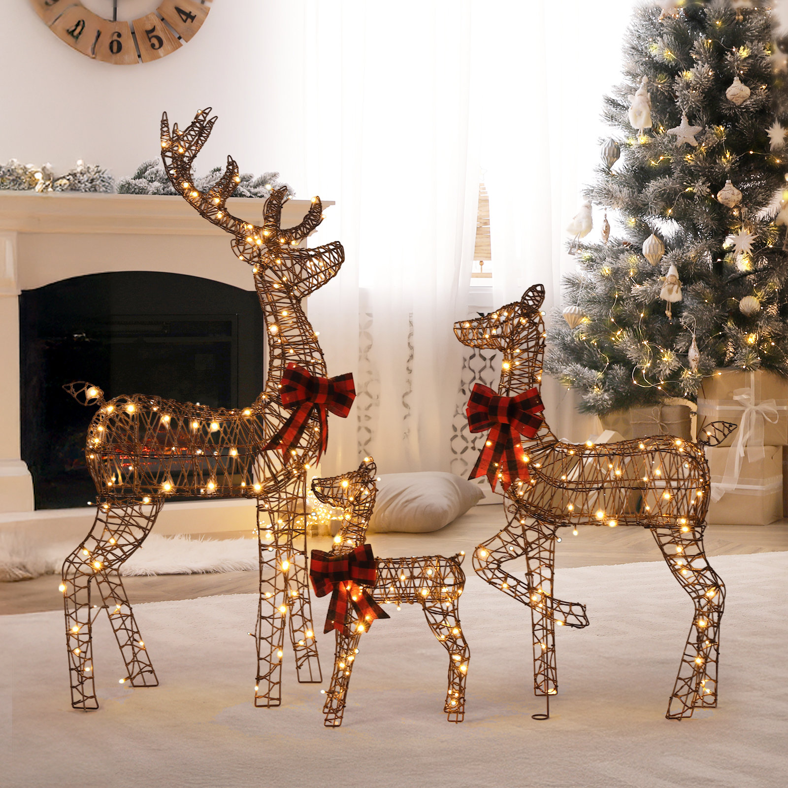 3-Piece 5' Lighted Rattan Reindeer Family, 60" H x 27.5" W x 8" D