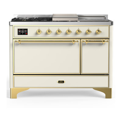 Cuisinière à double combustible ILVE Majestic III Series 48 po avec 5 brûleurs scellés, plaque de cuisson et table française (propane liquide, porte pleine)