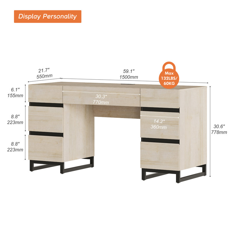WAMPAT Home Office Furniture Set: 59In Modern Executive Desk With Charging Station & Drawers And 72In Tall Bookcase With Storage Cabinet, Home Office Furniture For Living Room