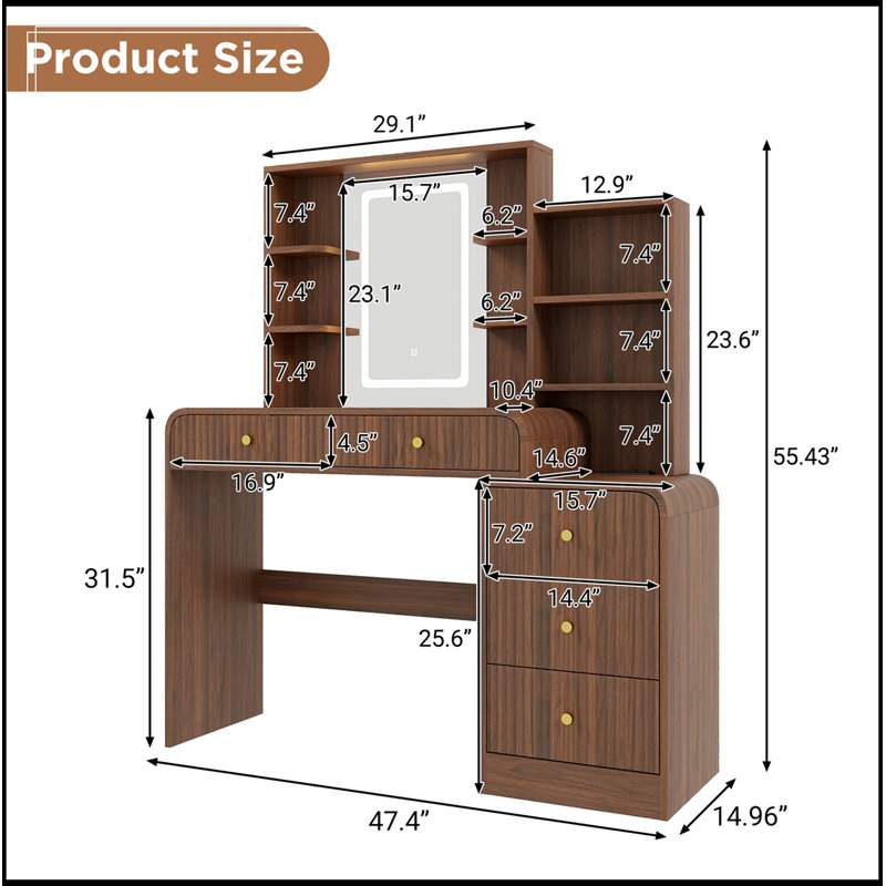 Bureau de maquillage avec miroir lumineux, 5 tiroirs et tablettes de rangement ouvertes, Espresso