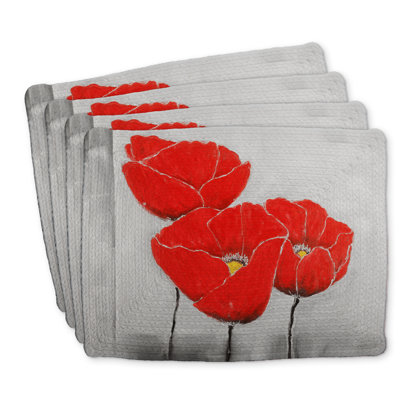 Ensemble de 4 napperons en polyester tressé - décor de trois coquelicots