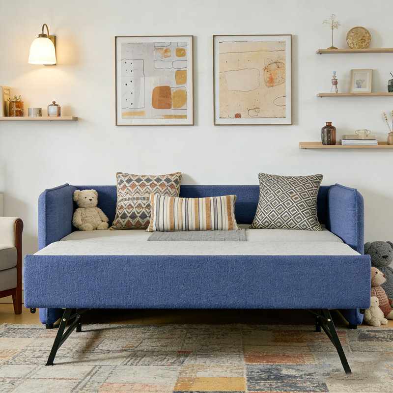 Boucle Fabric Daybed, Blue-Pop-up-Trundle, Twin