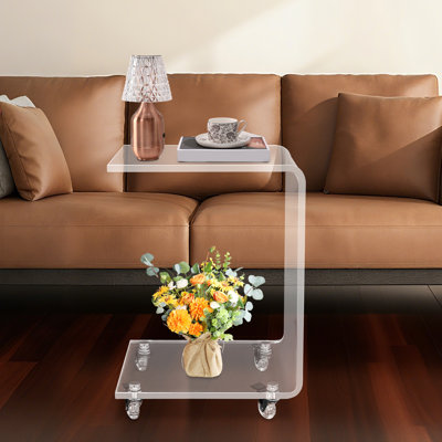Table de bout en acrylique transparent transparent en forme de C avec 4 roulettes