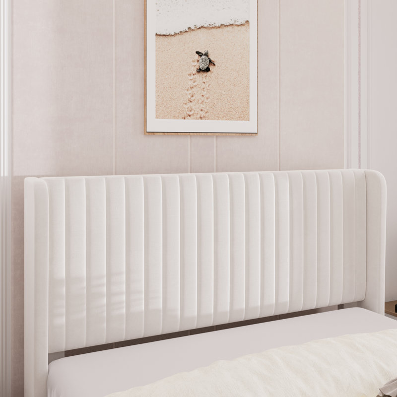Elegant White Velvet Queen Bed with Tufted Wingback Headboard