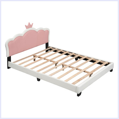 Lit princesse rembourré avec tête de lit couronne, lit plateforme avec tête de lit et pied de lit, blanc et rose