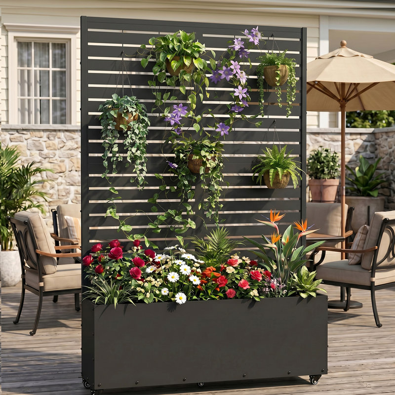 Boîte à fleurs en métal avec treillis, Noir