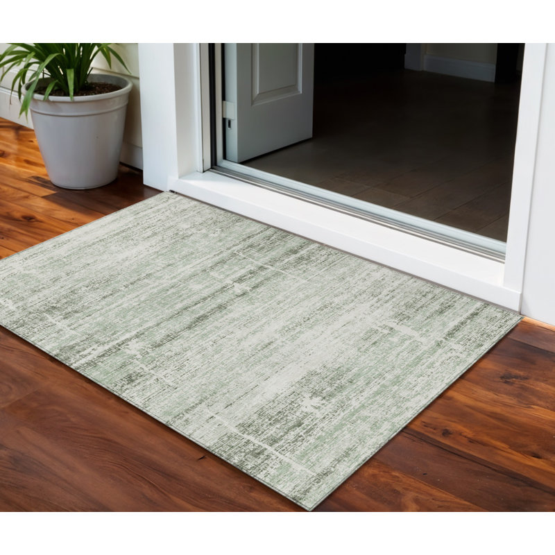3' X 5' Sage Artichoke Green And Ivory Abstract Washable Indoor Outdoor Area Rug