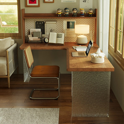 Brown Clear L-Shaped Solid Wood Acrylic Desk