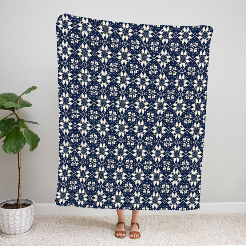Throw Blanket, 51" W x 60" L, Floral/Abstract, Dark Blue/White