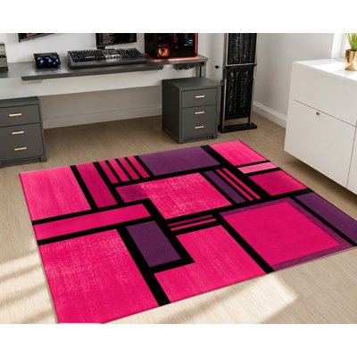 Tapis géométrique abstrait, motif de formes roses, violettes et noires, design d'art contemporain, tapis de sol antidérapant, décoration intérieure élégante pour salon, chambre, entrée, cuisine, appartement