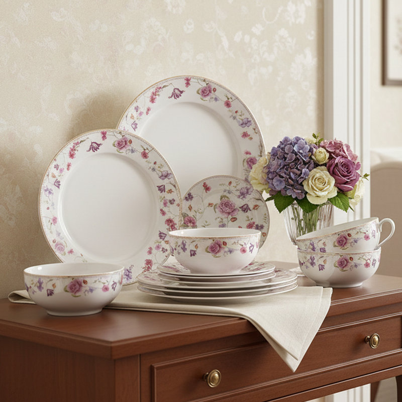 Service de table en porcelaine tendre Lorren Home Trends, service de 12 pièces pour 4, motif floral rose et mauve avec bordure dorée