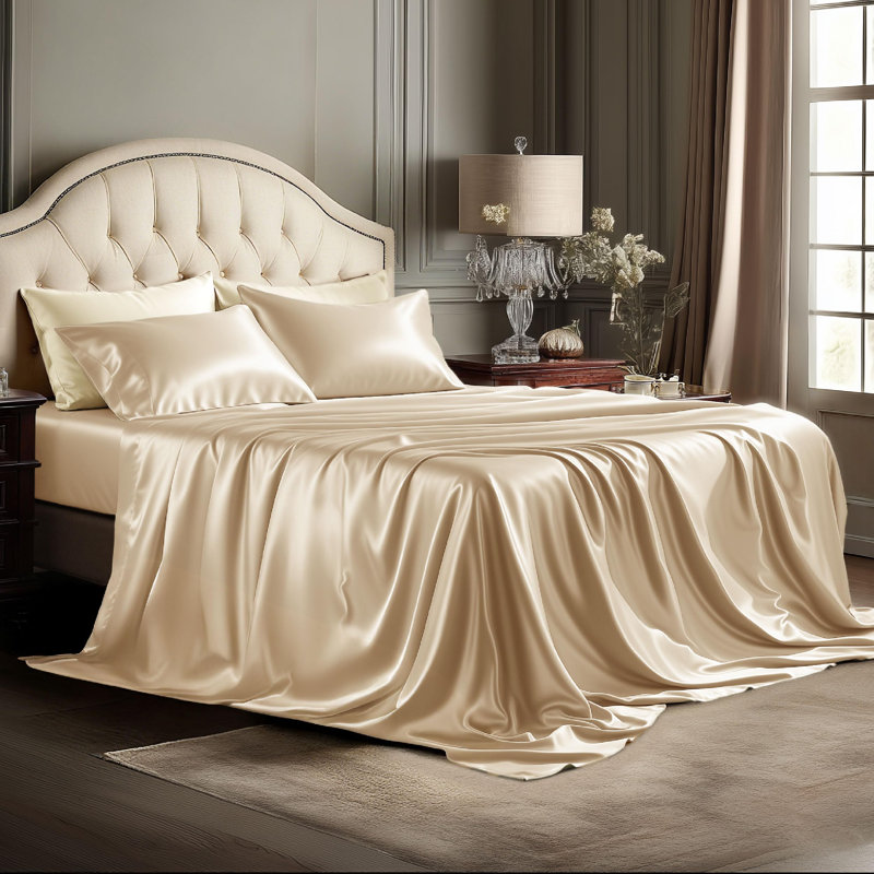 Bedsure Satin Sheet Set Queen Size - 4 Piece Silky Bedsheets with Elastic Straps & 15" Pocket (Queen, Champagne), Queen